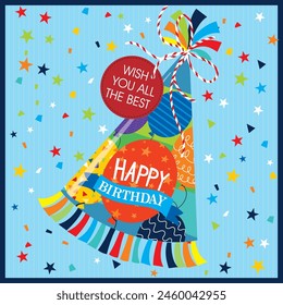 Happy birthday card design with colorful balloons and party hat