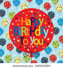 Happy birthday card design with colorful balloons and lettering