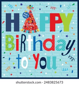 Happy Birthday Card Design mit bunten Schriftzügen und Partyhut