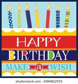 Happy birthday card design with colorful cake, candles and lettering