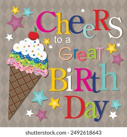 Happy birthday card design with colorful lettering, cake and stars