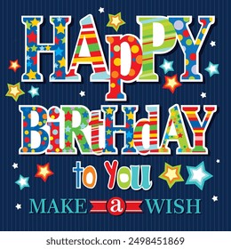 Happy birthday card design with colorful lettering and stars