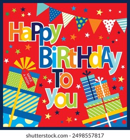 Happy Birthday card design with colorful text, presents and stars