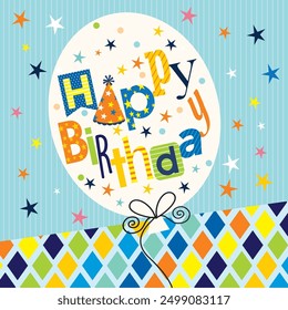 Happy birthday card design with colorful text, stars and balloon