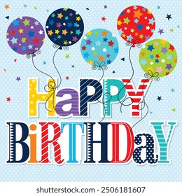 Happy birthday card design with colorful balloons and lettering