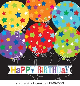 Diseño de tarjeta de feliz cumpleaños con globos y estrellas coloridos