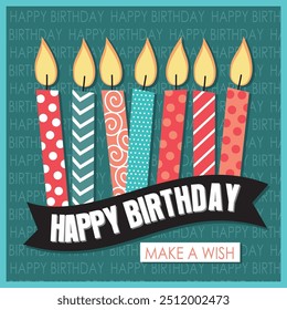 Happy birthday card design with colorful candles and lettering