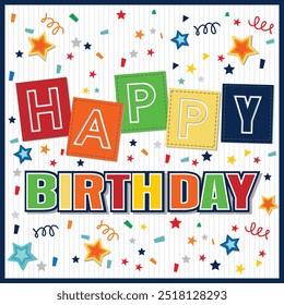 Happy birthday card design with colorful lettering and confetti