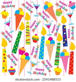 Happy birthday card design with colorful lettering, cup cake, ice cream and candle
