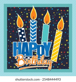 Happy birthday card design with colorful candles and lettering