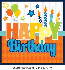 Happy birthday card design with colorful candles, balloons and lettering