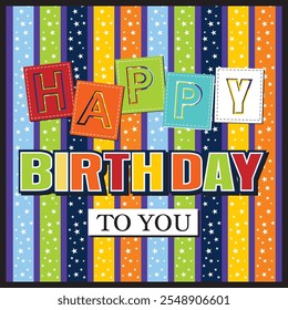Happy birthday card design with colorful lettering and stars