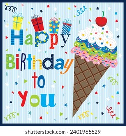 Happy birthday card design with cone cake and colorful lettering