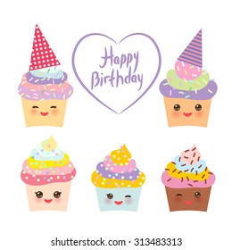 Happy Birthday Card design with Cupcake Kawaii funny muzzle with pink cheeks and winking eyes, pastel colors on white background. Vector