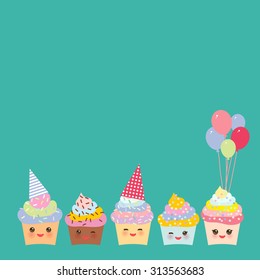 Happy Birthday Card design with Cupcake Kawaii funny muzzle with pink cheeks and winking eyes, pastel colors on blue background. Vector illustration