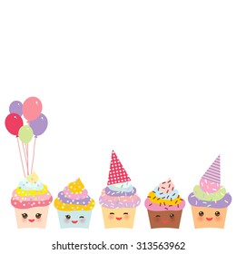 Happy Birthday Card design with Cupcake Kawaii funny muzzle with pink cheeks and winking eyes, pastel colors on white background. Vector