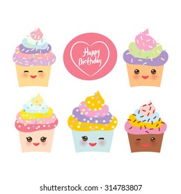 Happy Birthday Card design with Cupcake Kawaii funny muzzle with pink cheeks and winking eyes, pastel colors on white background. Vector