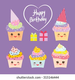 Happy Birthday Card design with Cupcake Kawaii funny muzzle with pink cheeks and winking eyes, pastel colors on lilac background. Vector