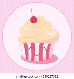 Happy Birthday Card design with Cupcake Kawaii funny muzzle with pink cheeks and winking eyes, pastel colors on white background. Vector shabby chic illustration.