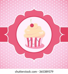 Happy Birthday Card design with Cupcake Kawaii funny muzzle with pink cheeks and winking eyes, pastel colors on white background. Vector shabby chic illustration.