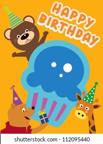 Happy birthday card design with cupcakes and animals