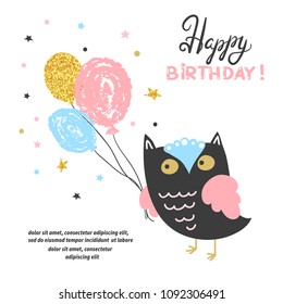 Happy Birthday card design with cute owl and balloons. Vector illustration