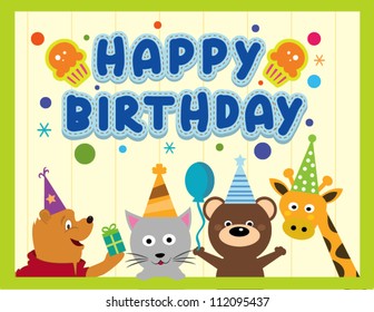 Happy birthday card design with cute animals