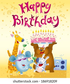 Happy birthday card design with cute animals