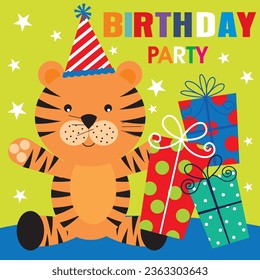 Happy birthday card design with cute tiger and gifts