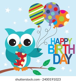 Happy birthday card design with cute owl and balloons