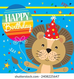 Happy birthday card design with cute lion and balloon