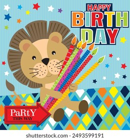 Happy birthday card design with cute lion and candles