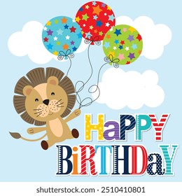 Happy birthday card design with cute lion and balloons