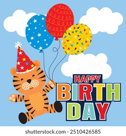 Happy birthday card design with cute tiger and balloons