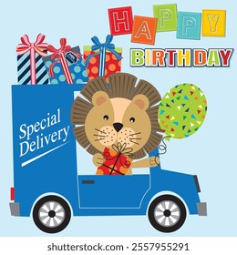 Happy birthday card design with cute lion, gifts and balloon on the car