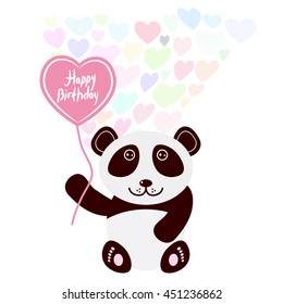 Happy birthday Card design cute kawaii panda with balloon in the shape of heart, pastel colors on white background. Vector