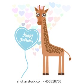 Happy birthday Card design cute kawaii giraffe with balloon in the shape of heart, pastel colors on white background. Vector illustration
