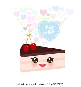 Happy birthday Card design cute kawaii piece of cake, decorated with fresh cherry, pink cream and chocolate icing, pastel colors on white background.  banner template, card design. Vector