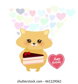 Happy birthday Card design cute kawaii hamster with Sweet cake decorated with fresh cherry, pink cream and chocolate icing, pastel colors on white background. Vector