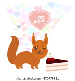 Happy birthday Card design cute kawaii squirrel with Sweet cake decorated with fresh cherry, pink cream and chocolate icing, pastel colors on white background. Vector illustration