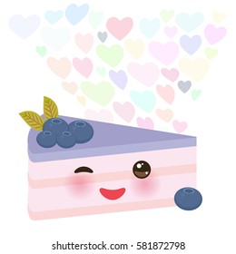 Happy birthday Card design cute kawaii piece of cake, decorated with fresh blueberry, purple cream icing, pastel colors on white background. banner template, card design. Vector