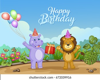 Happy birthday card design with cute animals