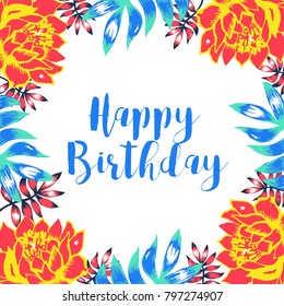 happy birthday card design, cute doodle floral elements, feminine style