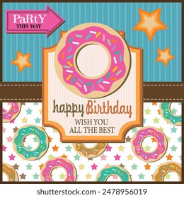 Happy birthday card design with donuts cake and stars