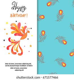 Happy Birthday card design with Firebird. Vector illustration of Phoenix. 