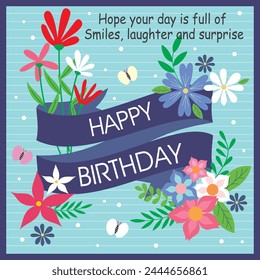 Happy birthday card design with flowers and lettering