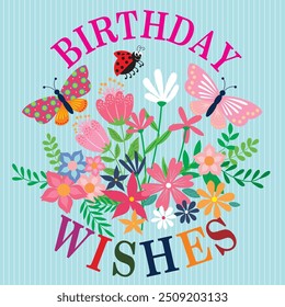 Happy birthday card design with flowers and butterfly