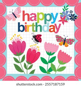 Happy birthday card design with flowers, butterfly and lady bug