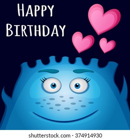 Happy birthday card design. Friendly blue funny cute little smiling monster. Vector illustration.