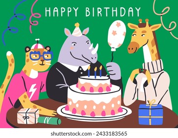 Happy birthday card design, funny wild animals. Cute funky friends characters celebrating holiday, anniversary party celebration with cake, gifts, presents, creative postcard. Flat vector illustration